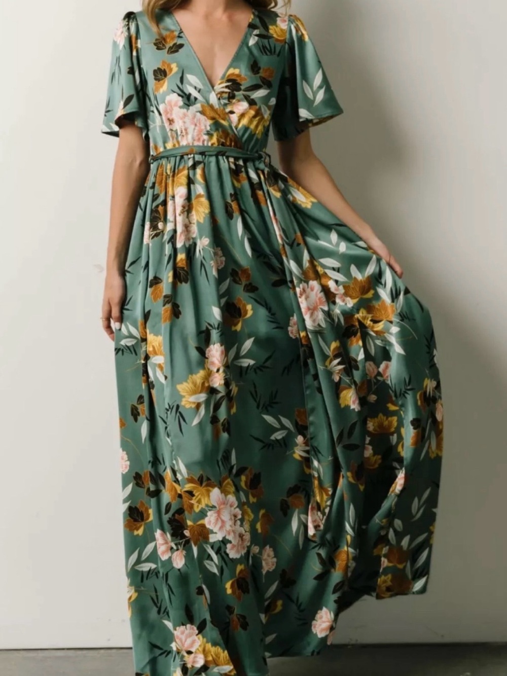 Baltic Born Teal Green Floral Wrap Maxi Dress